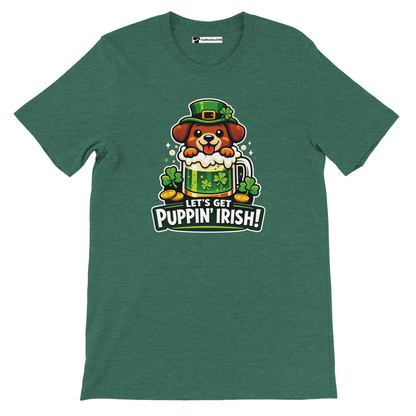 Green t-shirt with cute dog in leprechaun hat, clovers, mug, and 'Let's Get Puppin' Irish!' text