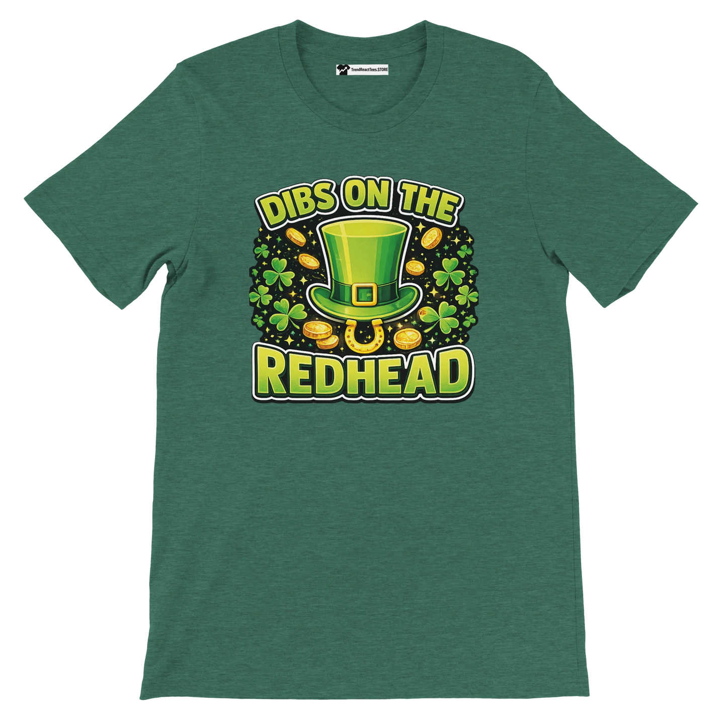 Green St. Patrick's Day t-shirt with leprechaun hat, shamrocks, gold coins, and 'Dibs on the Redhead' text