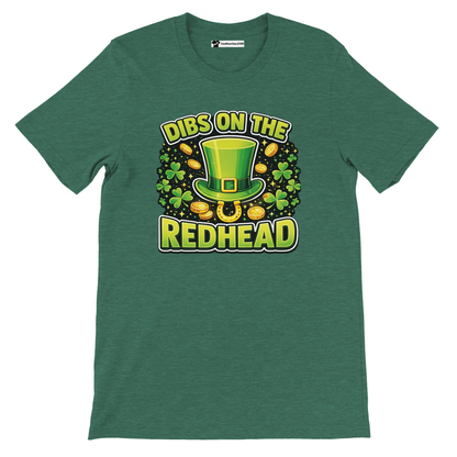 Green St. Patrick's Day t-shirt with leprechaun hat, shamrocks, gold coins, and 'Dibs on the Redhead' text