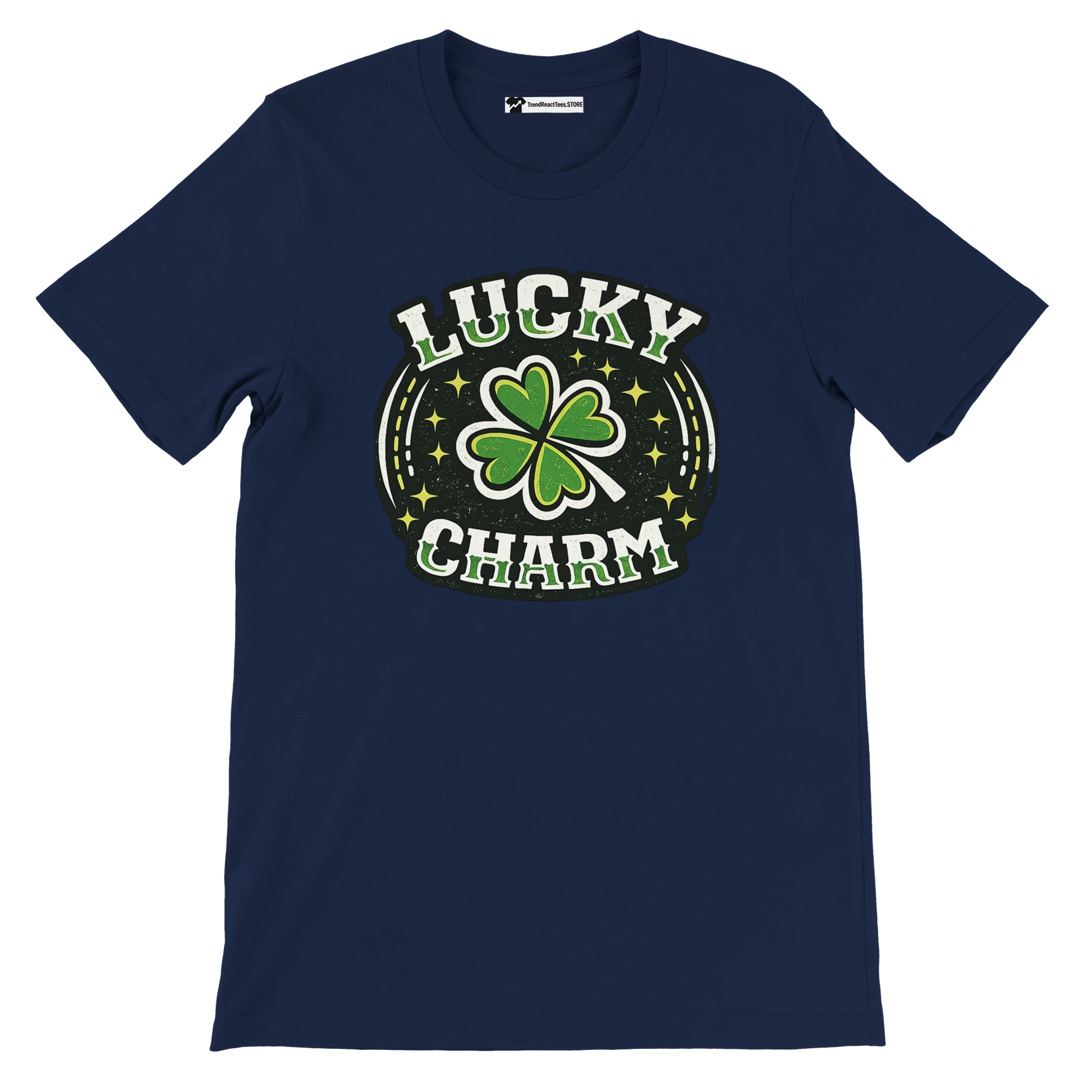 Navy blue t-shirt with 'Lucky Charm' text and green shamrock clover graphic