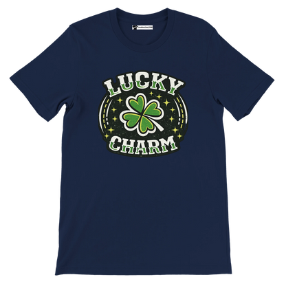 Navy blue t-shirt with 'Lucky Charm' text and green shamrock clover graphic