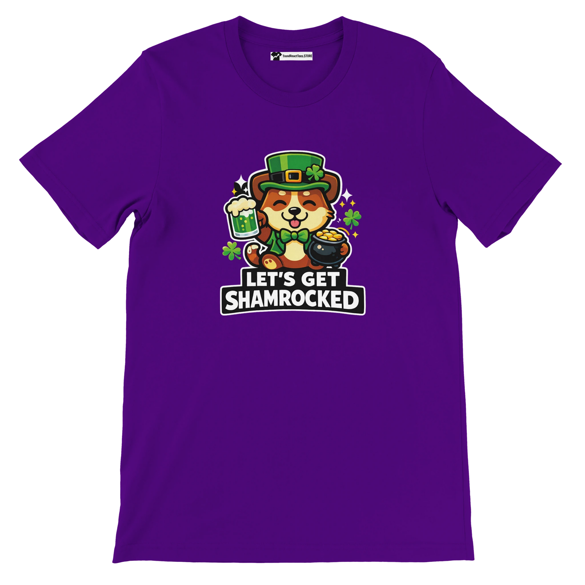 Purple t-shirt with cute dog in leprechaun hat, shamrocks, pint, and 'Let's Get Shamrocked' text.