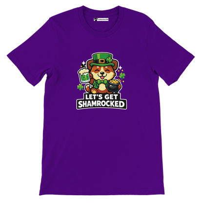 Purple t-shirt with cute dog in leprechaun hat, shamrocks, pint, and 'Let's Get Shamrocked' text.