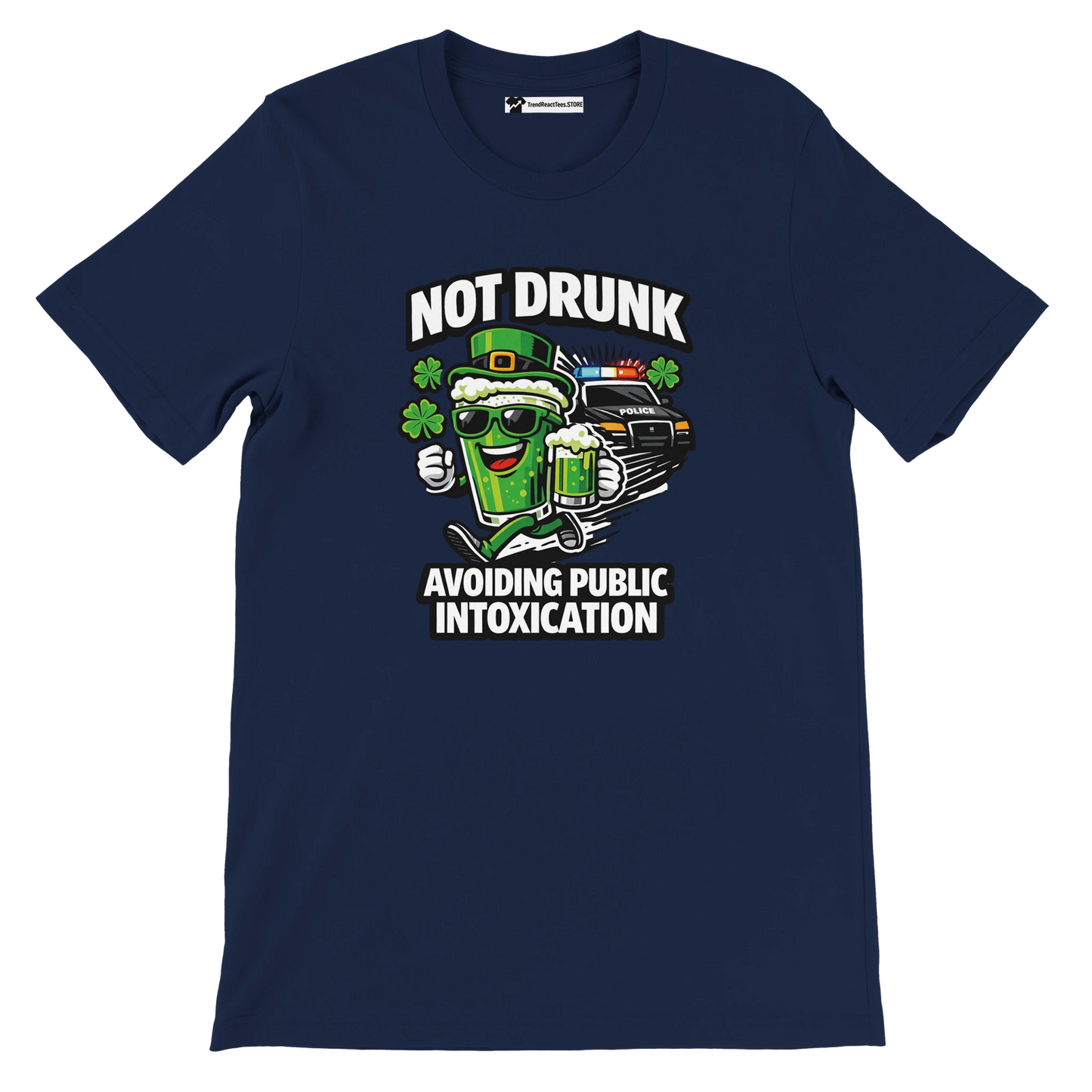 Navy blue t-shirt with cartoon green beer, shamrocks, police car, St. Patrick's Day quote.