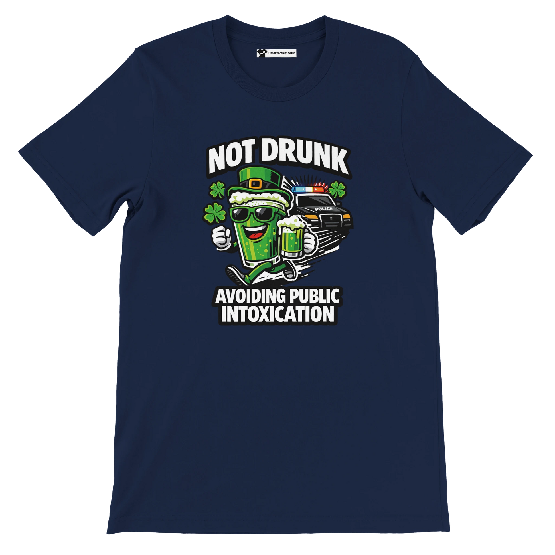 Navy blue t-shirt with cartoon green beer, shamrocks, police car, St. Patrick's Day quote.