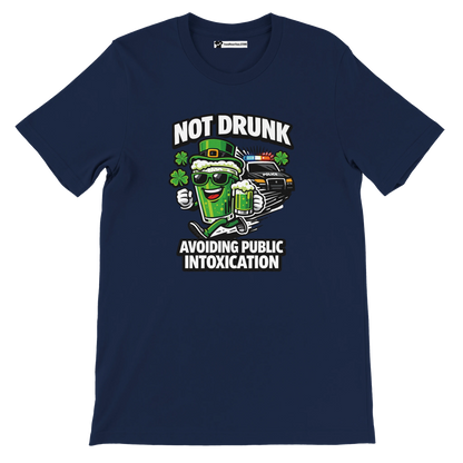 Navy blue t-shirt with cartoon green beer, shamrocks, police car, St. Patrick's Day quote.