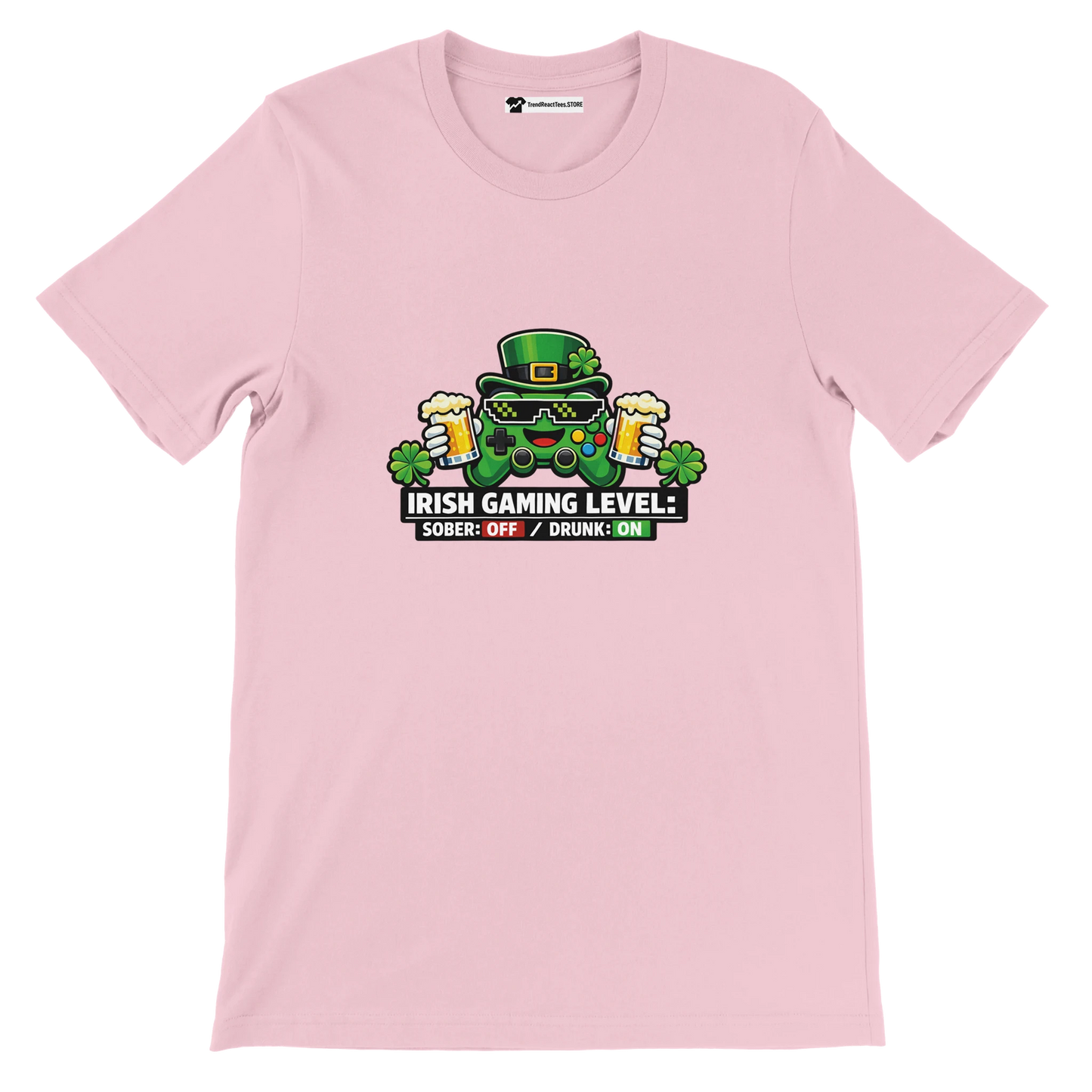 Pink Irish gaming tee with controller, beer, shamrocks, and 'Irish Gaming Level' text for St. Patrick's Day.