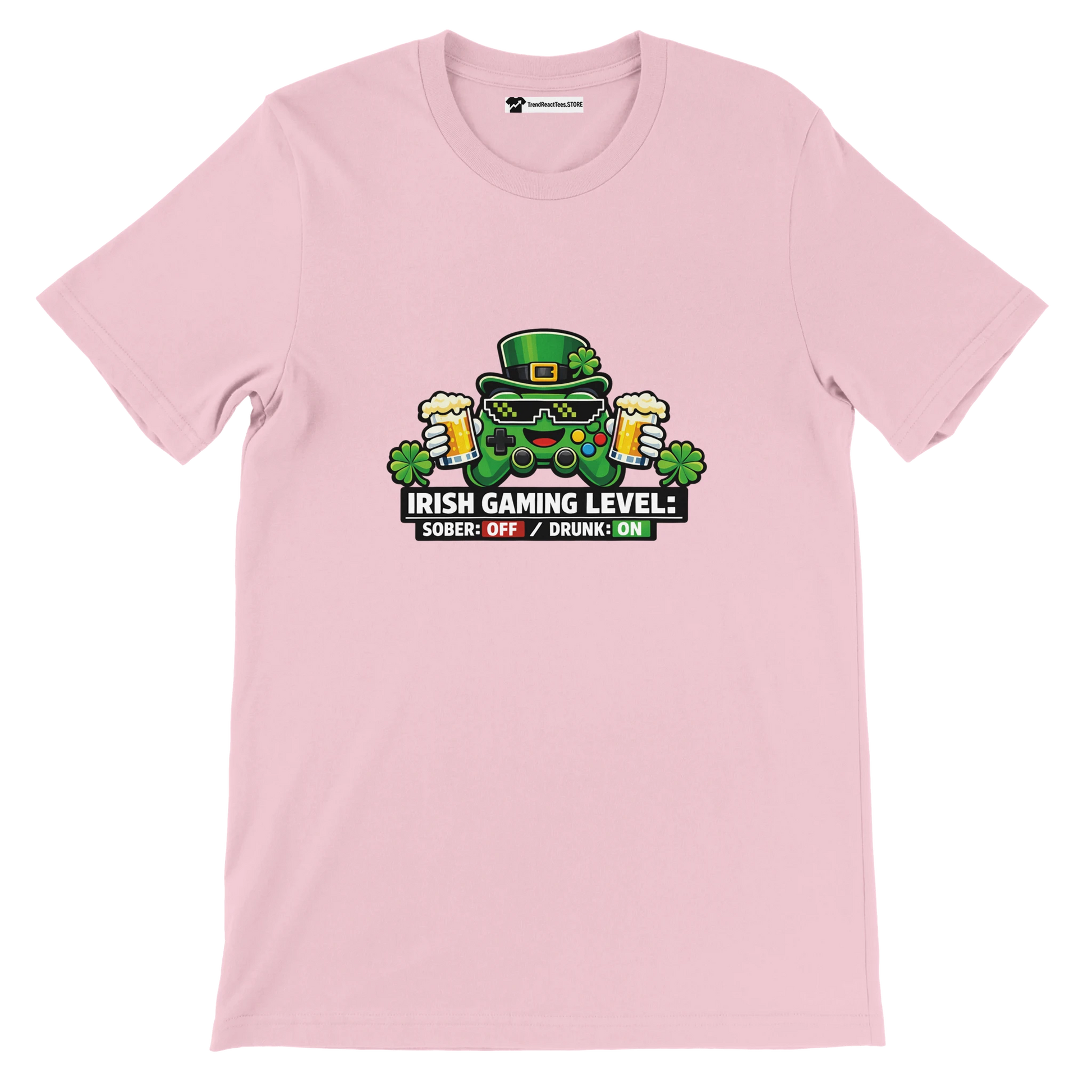 Pink Irish gaming tee with controller, beer, shamrocks, and 'Irish Gaming Level' text for St. Patrick's Day.