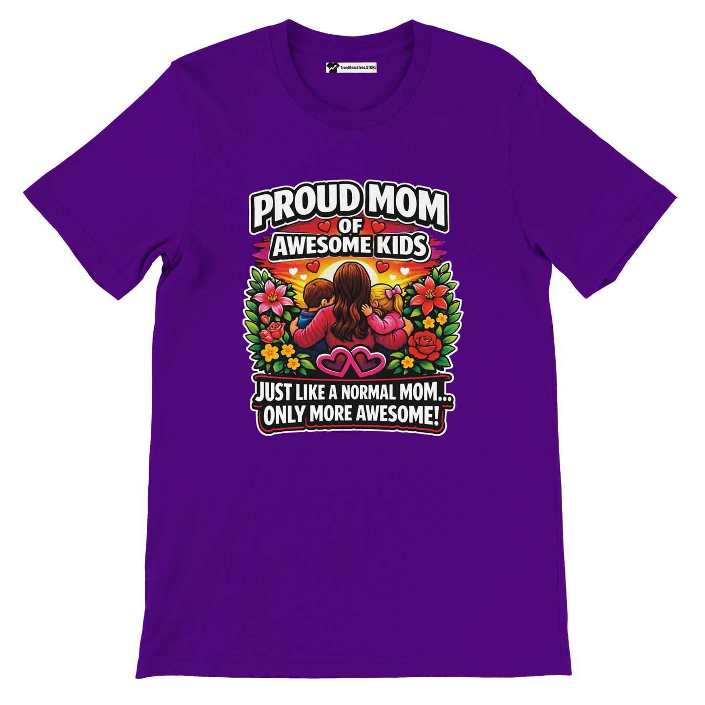 Purple t-shirt with 'Proud Mom of Awesome Kids' quote, anime-style mom with kids, floral design.