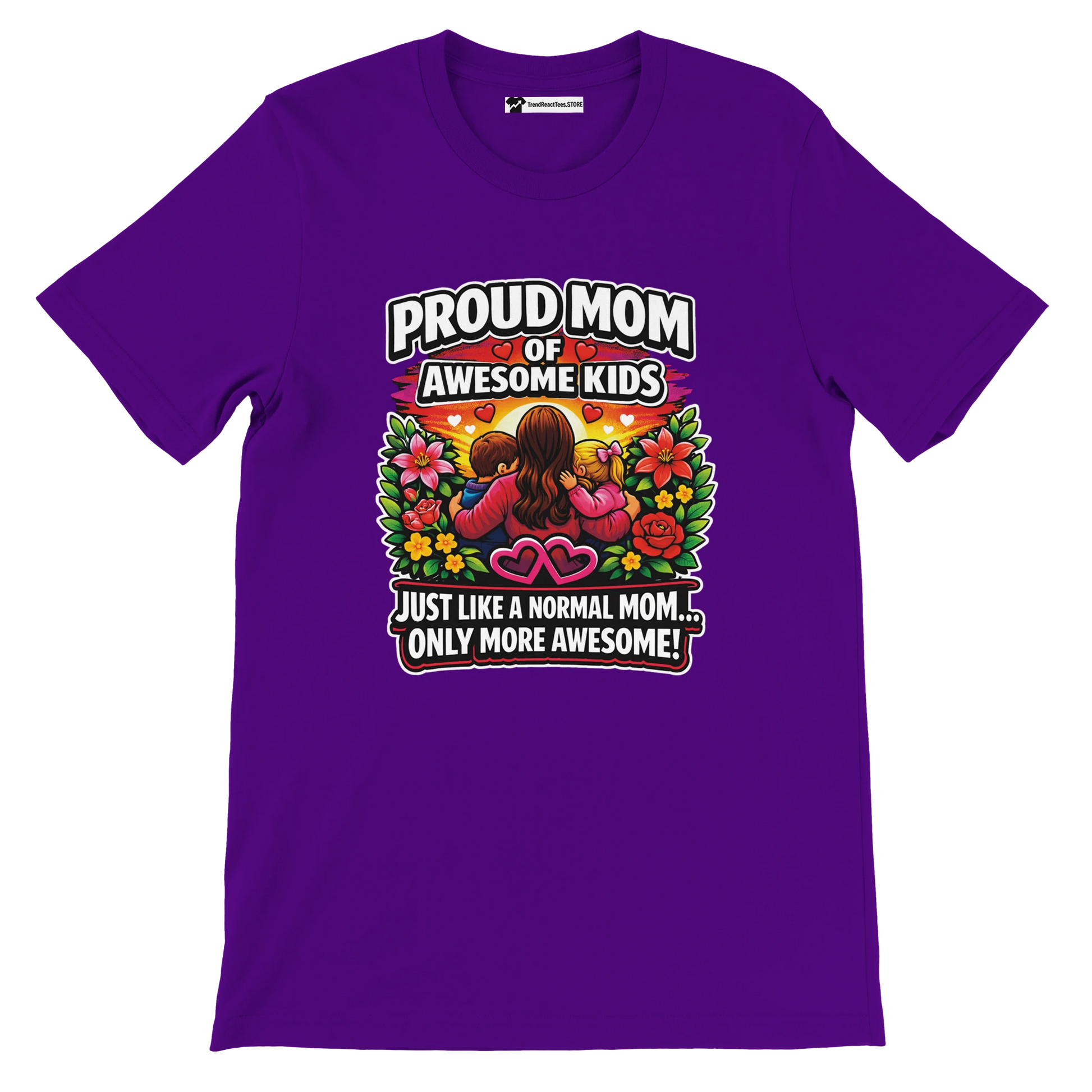 Purple t-shirt with 'Proud Mom of Awesome Kids' quote, anime-style mom with kids, floral design.