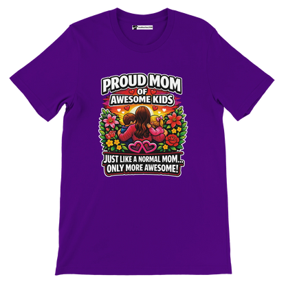 Purple t-shirt with 'Proud Mom of Awesome Kids' quote, anime-style mom with kids, floral design.