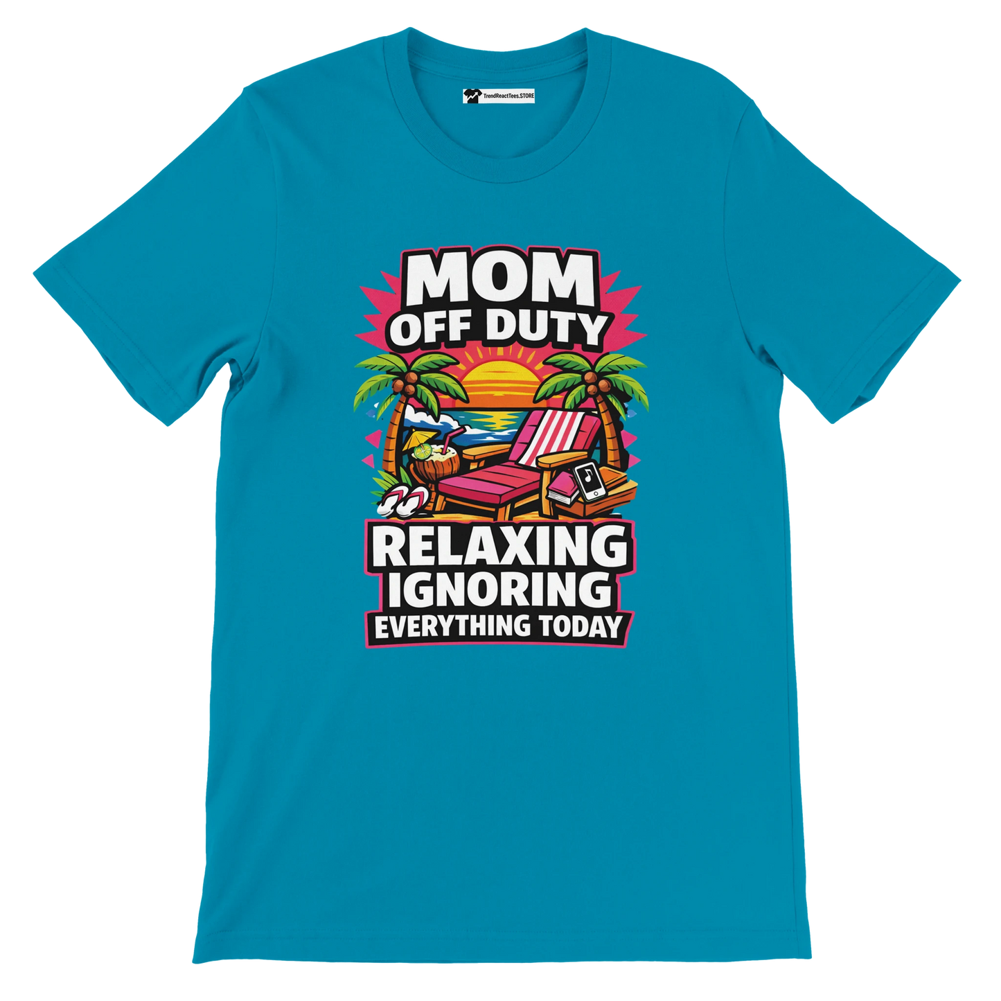 Blue t-shirt with 'Mom Off Duty' tropical beach lounge chair and sunset graphic, humorous quote.