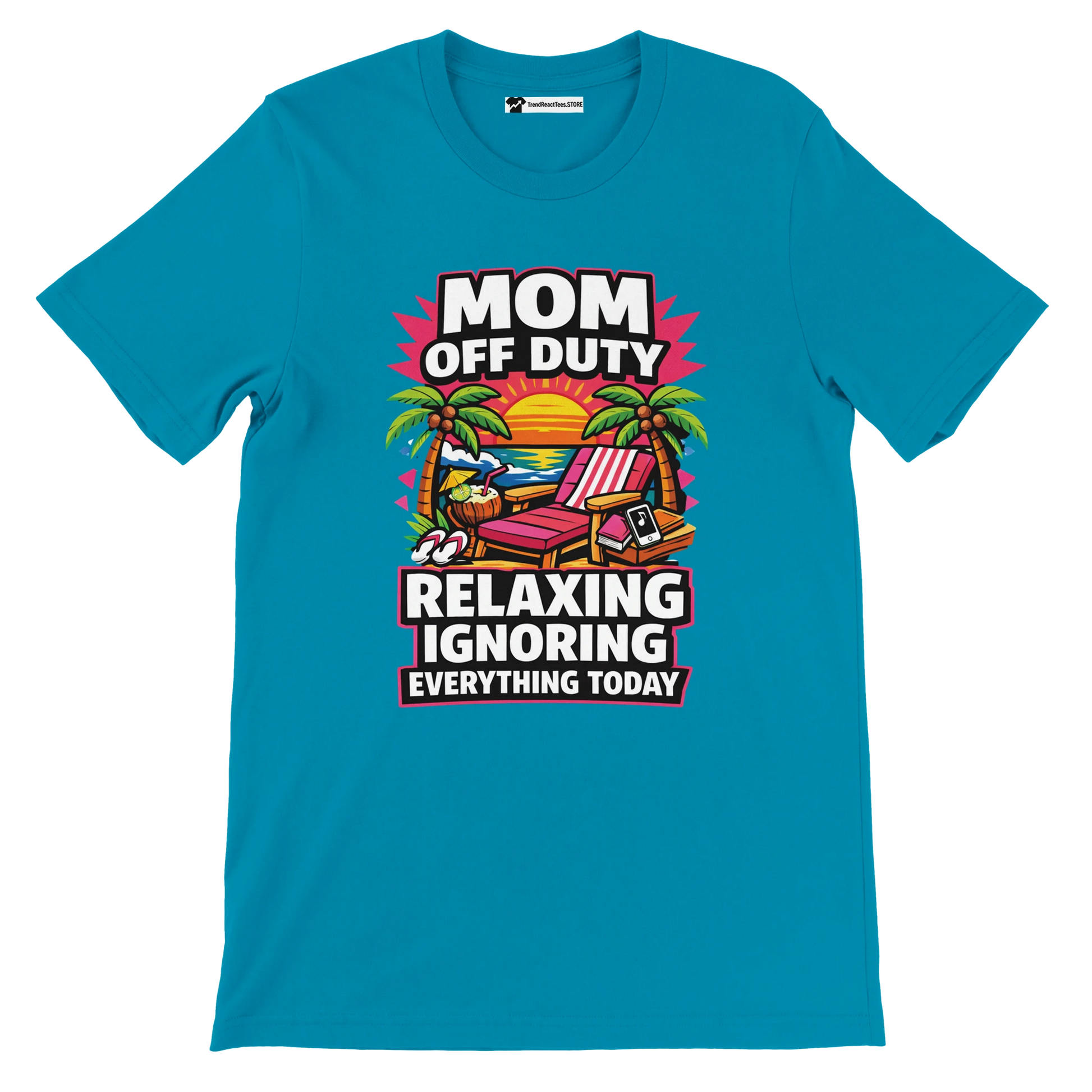 Blue t-shirt with 'Mom Off Duty' tropical beach lounge chair and sunset graphic, humorous quote.