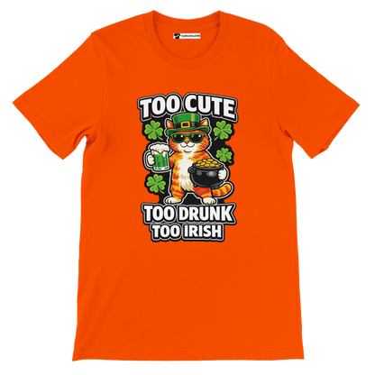 Orange tee with cat in leprechaun hat, beer, shamrocks, and quote for St. Patrick's Day