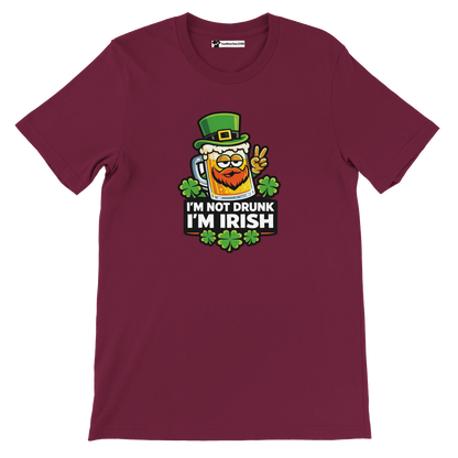 Maroon St. Patrick's Day tee with beer mug graphic, shamrocks, and 'I'm Not Drunk I'm Irish' text