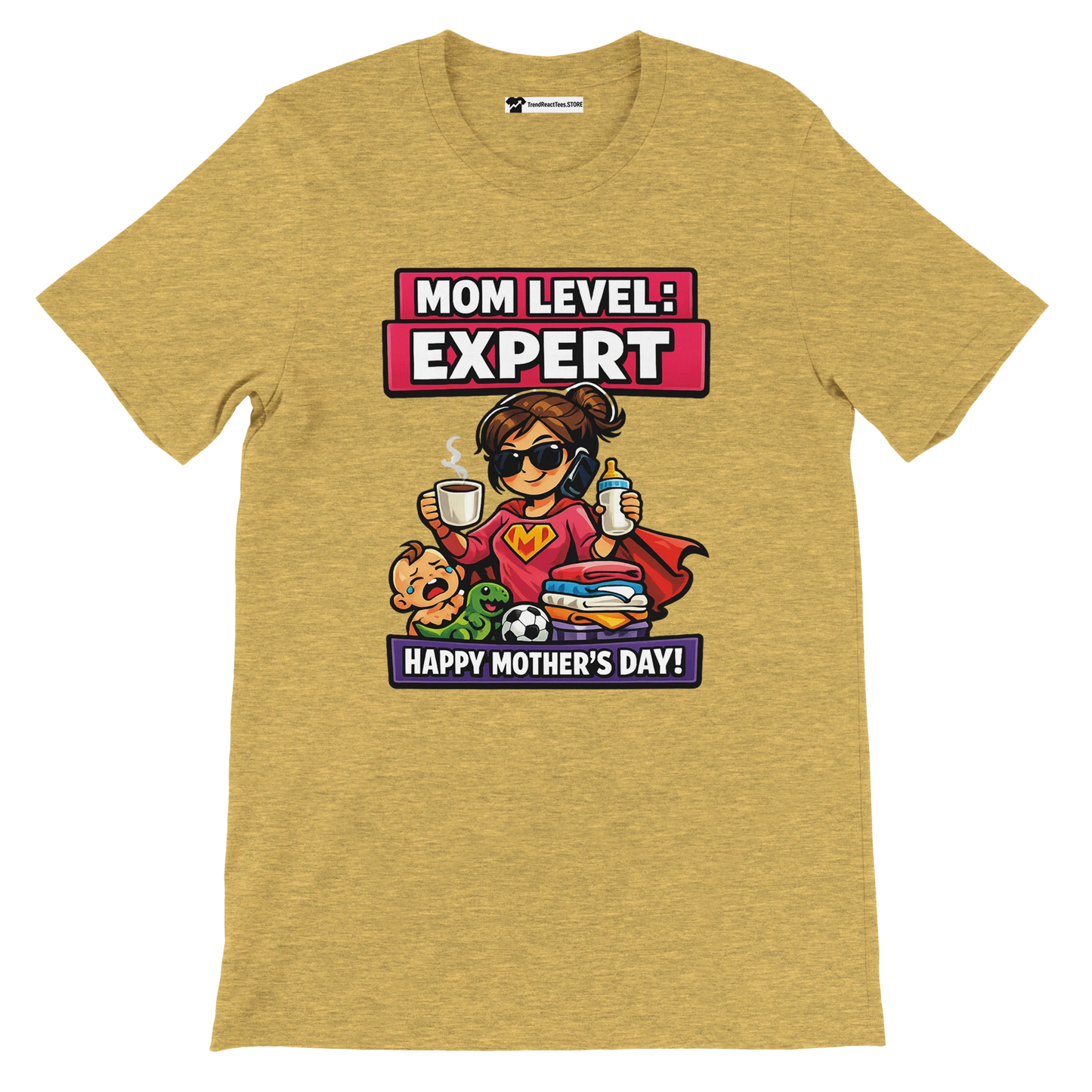 Yellow Mother's Day anime tee with 'Mom Level: Expert' and mom cartoon with coffee, baby, and toys.
