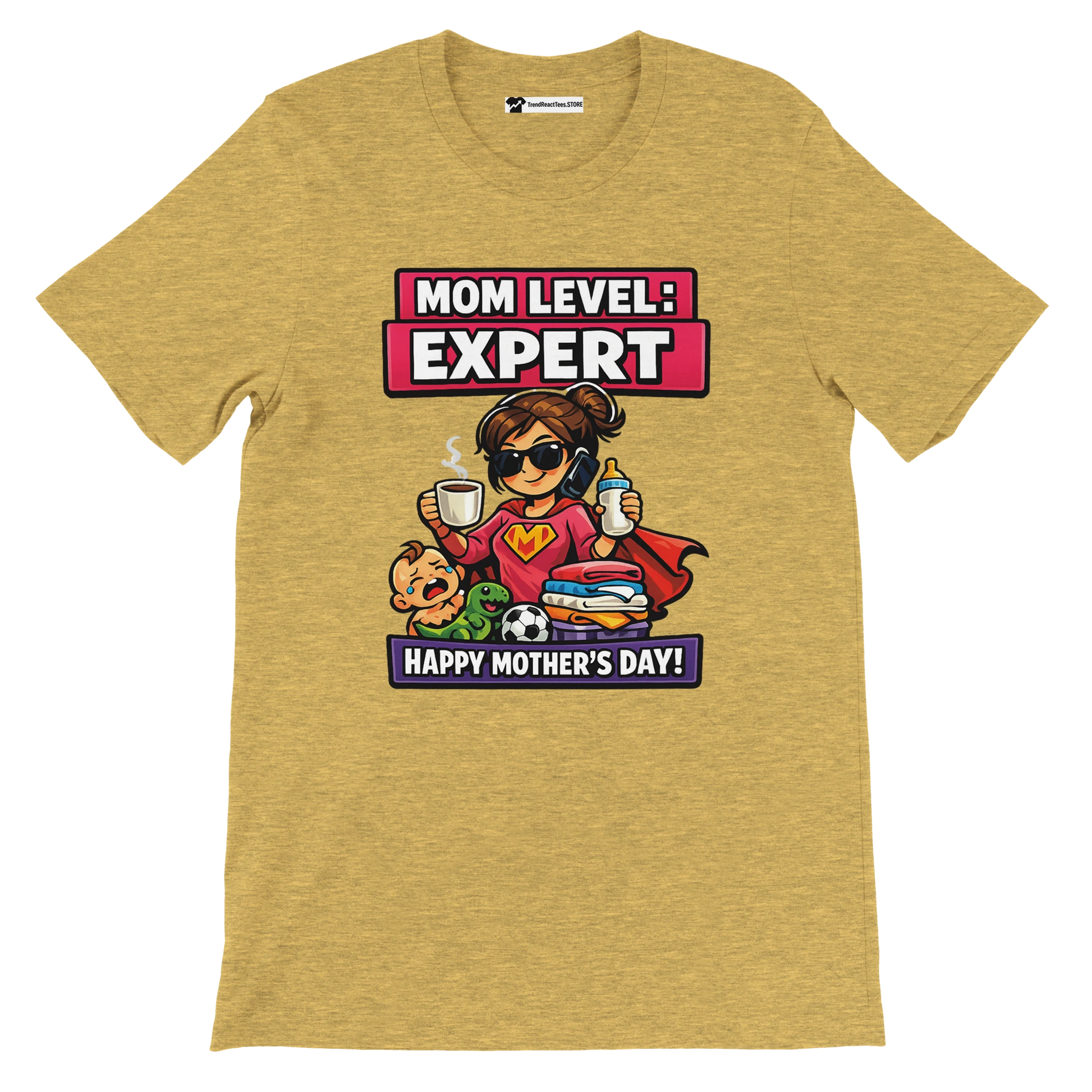 Yellow Mother's Day anime tee with 'Mom Level: Expert' and mom cartoon with coffee, baby, and toys.