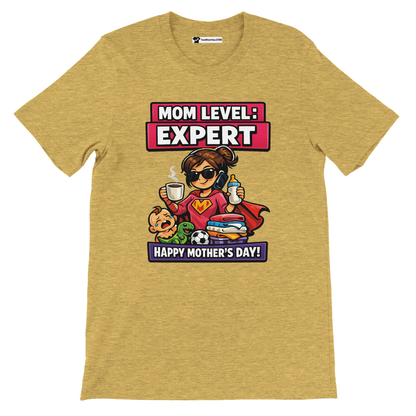 Yellow Mother's Day anime tee with 'Mom Level: Expert' and mom cartoon with coffee, baby, and toys.