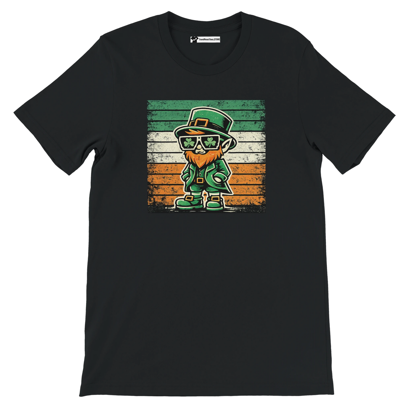 Black t-shirt with cartoon leprechaun, shamrock glasses, Irish flag background, St. Patrick’s Day theme.