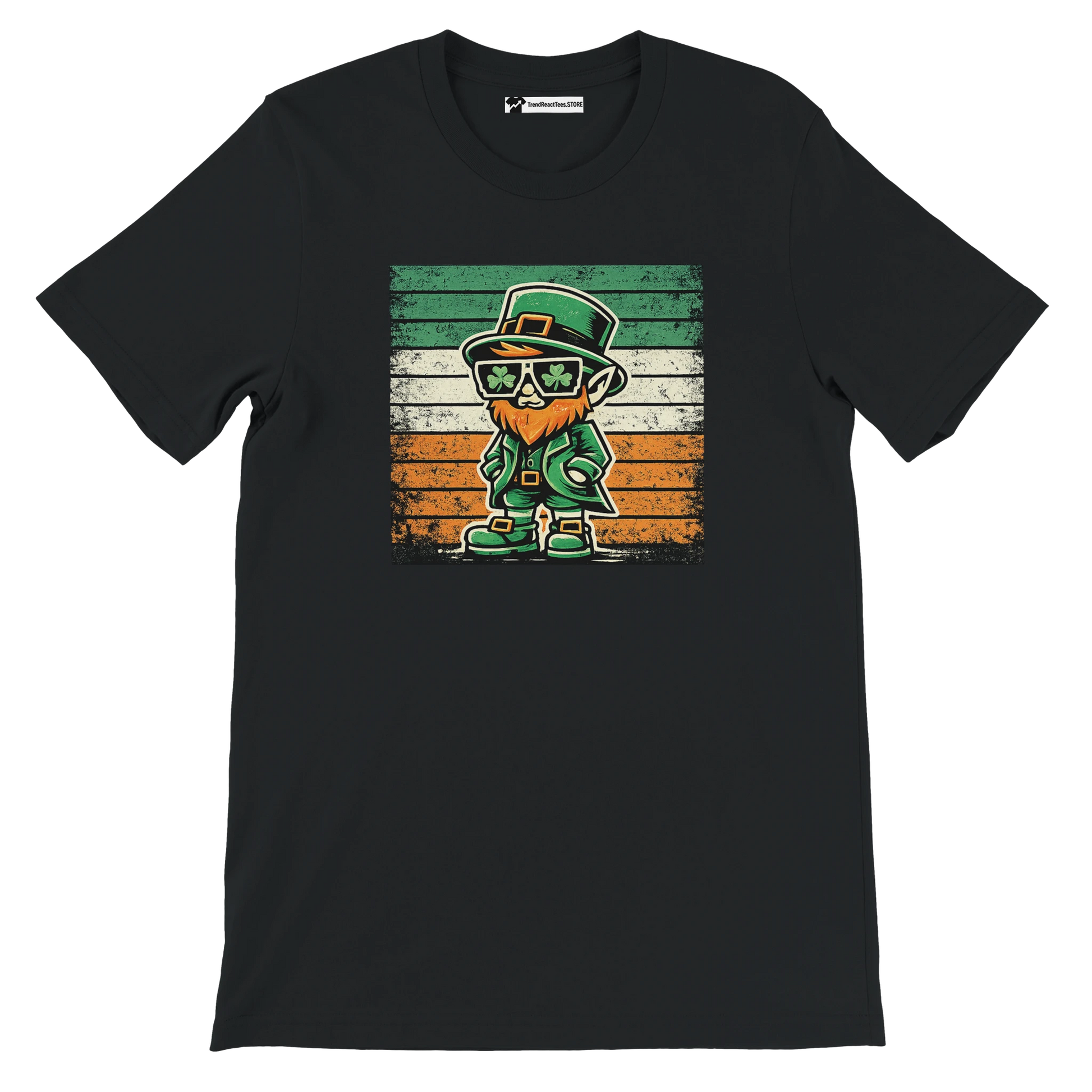 Black t-shirt with cartoon leprechaun, shamrock glasses, Irish flag background, St. Patrick’s Day theme.