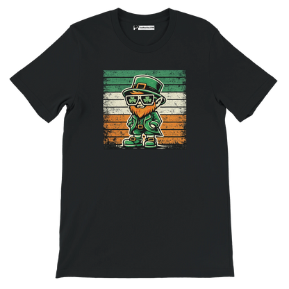 Black t-shirt with cartoon leprechaun, shamrock glasses, Irish flag background, St. Patrick’s Day theme.
