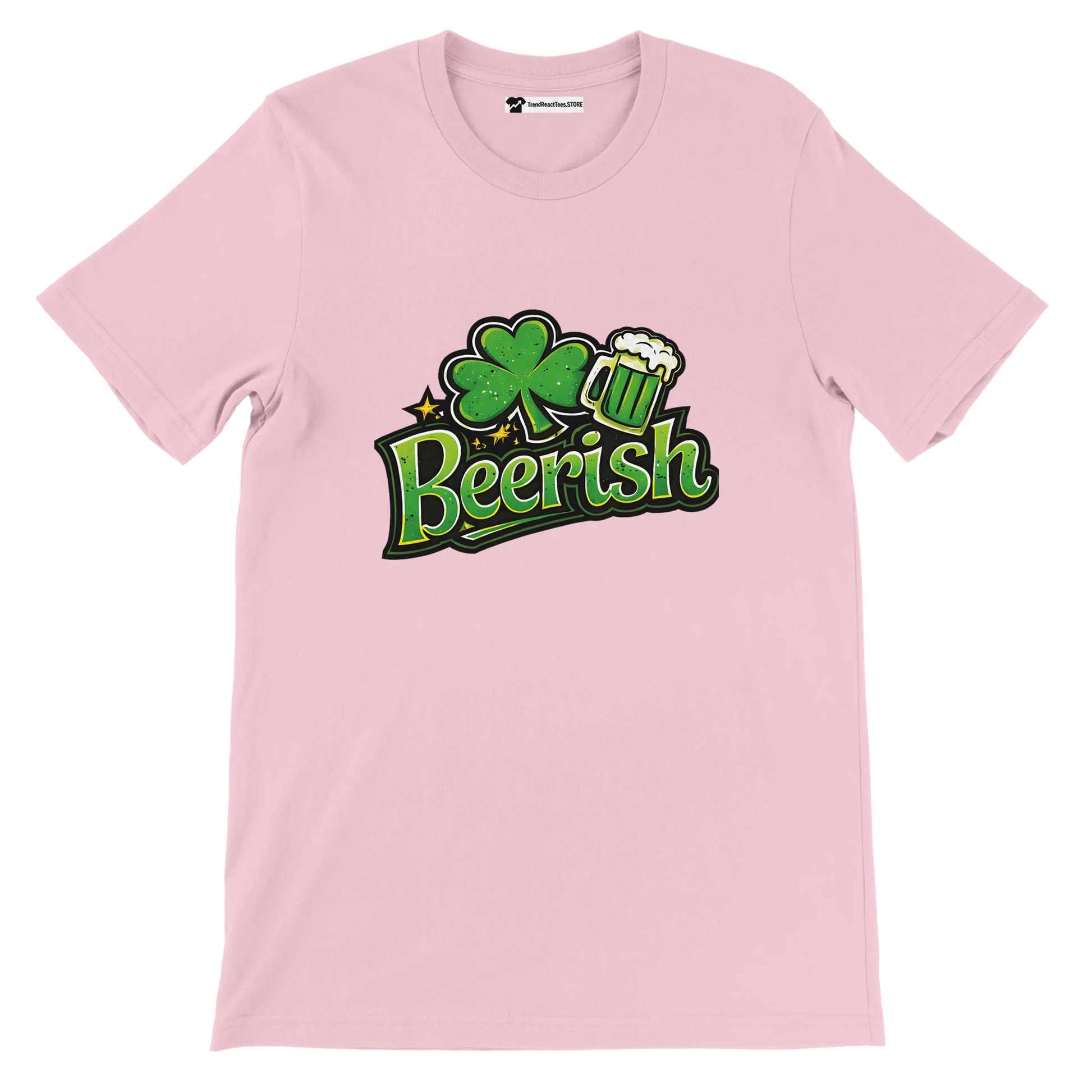 Pink t-shirt with green 'Beerish' graphic, shamrock, and beer mug for St. Patrick's Day fun