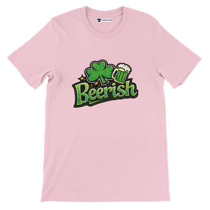 Pink t-shirt with green 'Beerish' graphic, shamrock, and beer mug for St. Patrick's Day fun