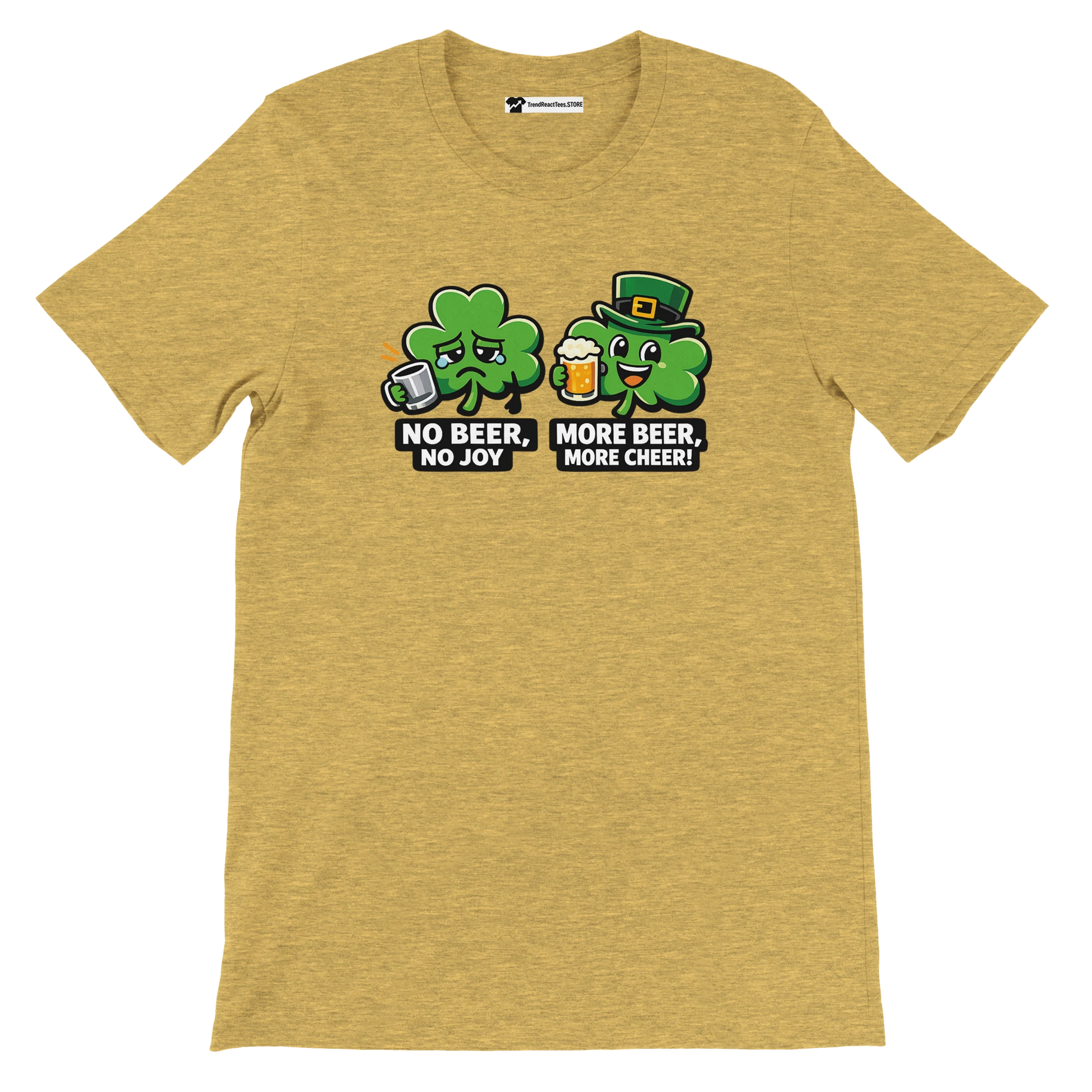 Yellow t-shirt with cartoon shamrocks, St. Patrick's Day beer quote, festive Irish tee
