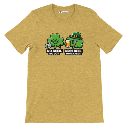 Yellow t-shirt with cartoon shamrocks, St. Patrick's Day beer quote, festive Irish tee
