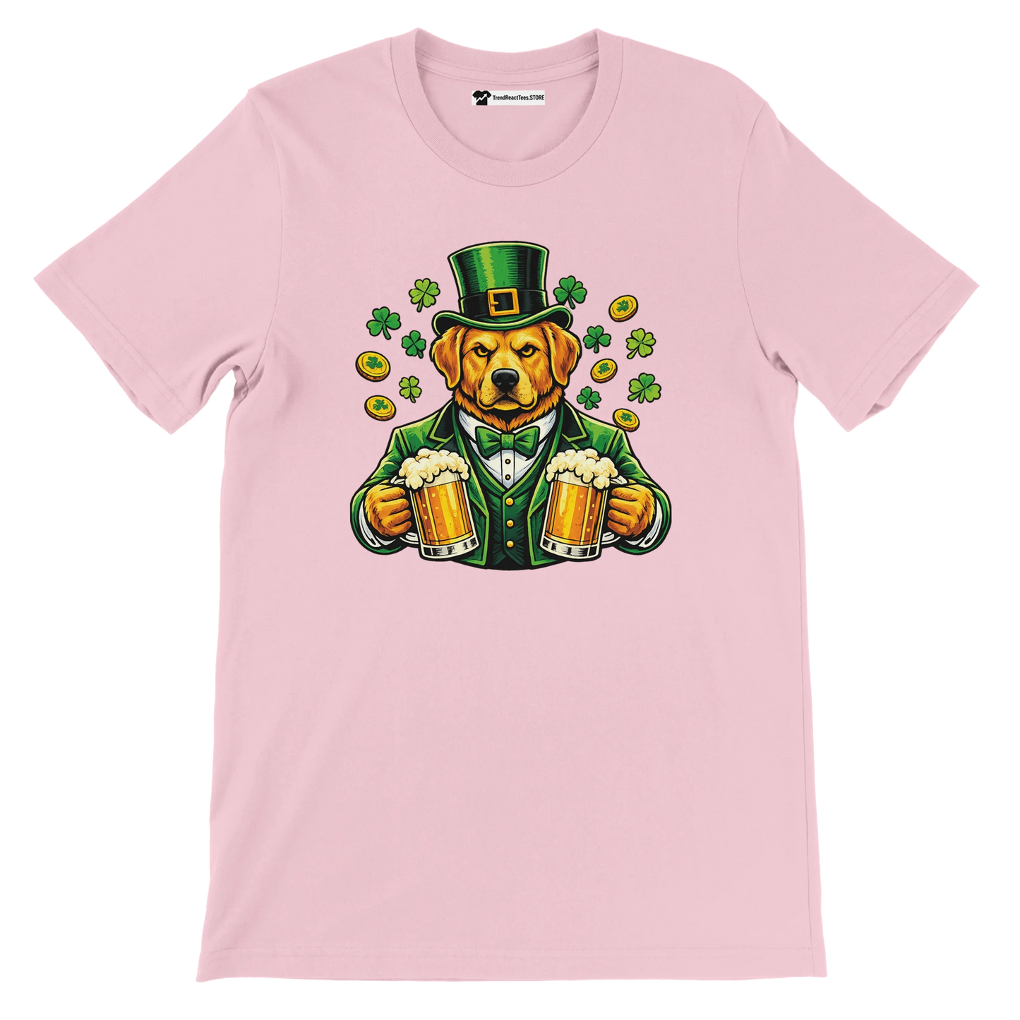Dog in green suit and hat holding beer mugs with shamrocks and coins, St. Patrick's Day tee