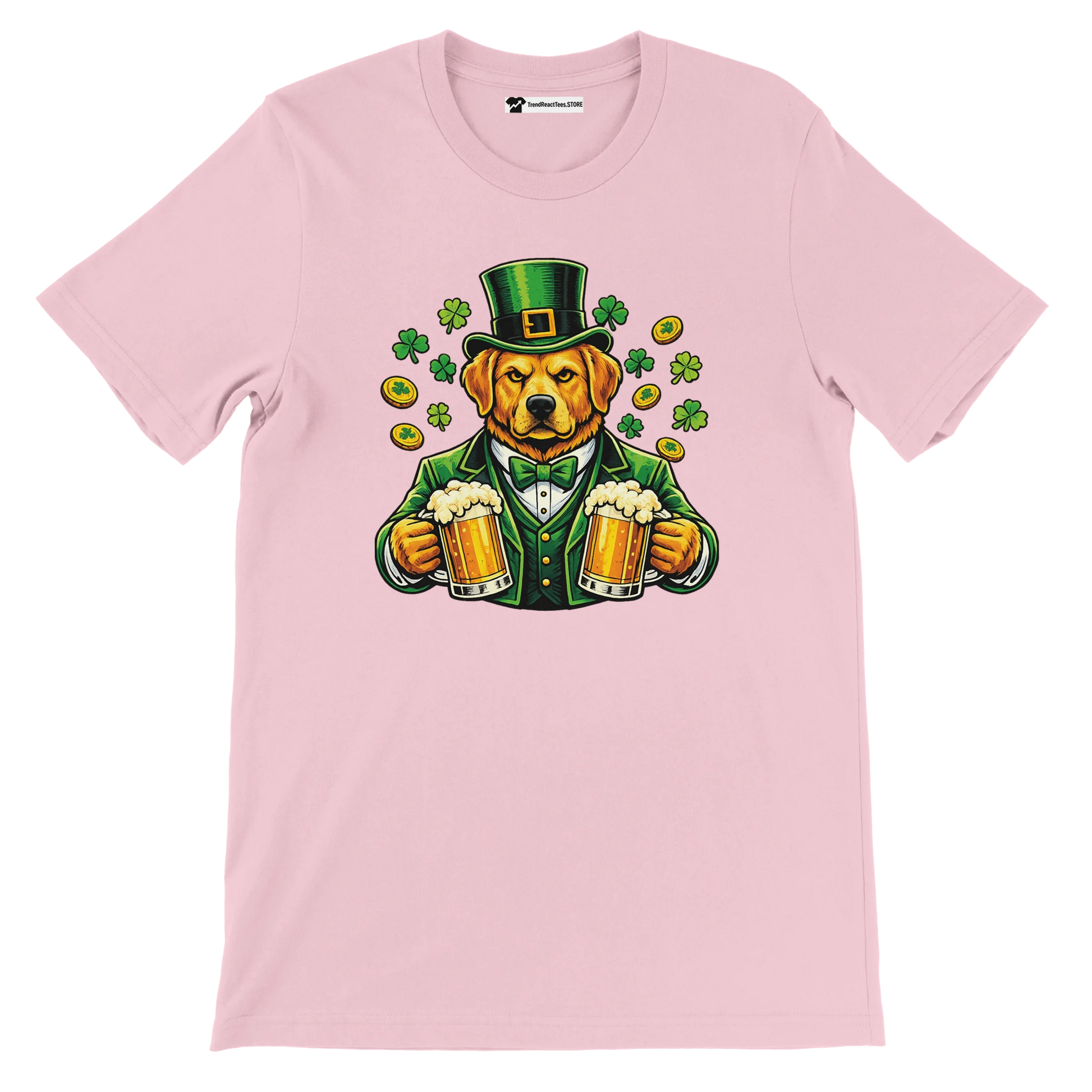 Dog in green suit and hat holding beer mugs with shamrocks and coins, St. Patrick's Day tee