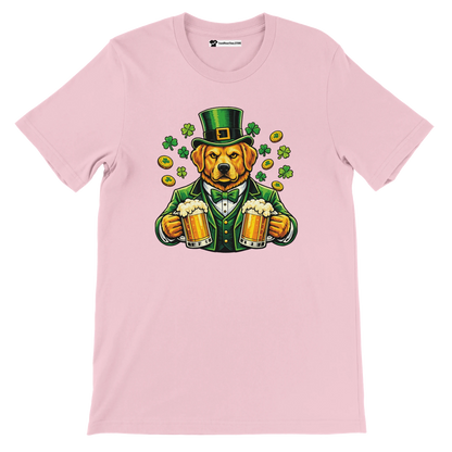 Dog in green suit and hat holding beer mugs with shamrocks and coins, St. Patrick's Day tee