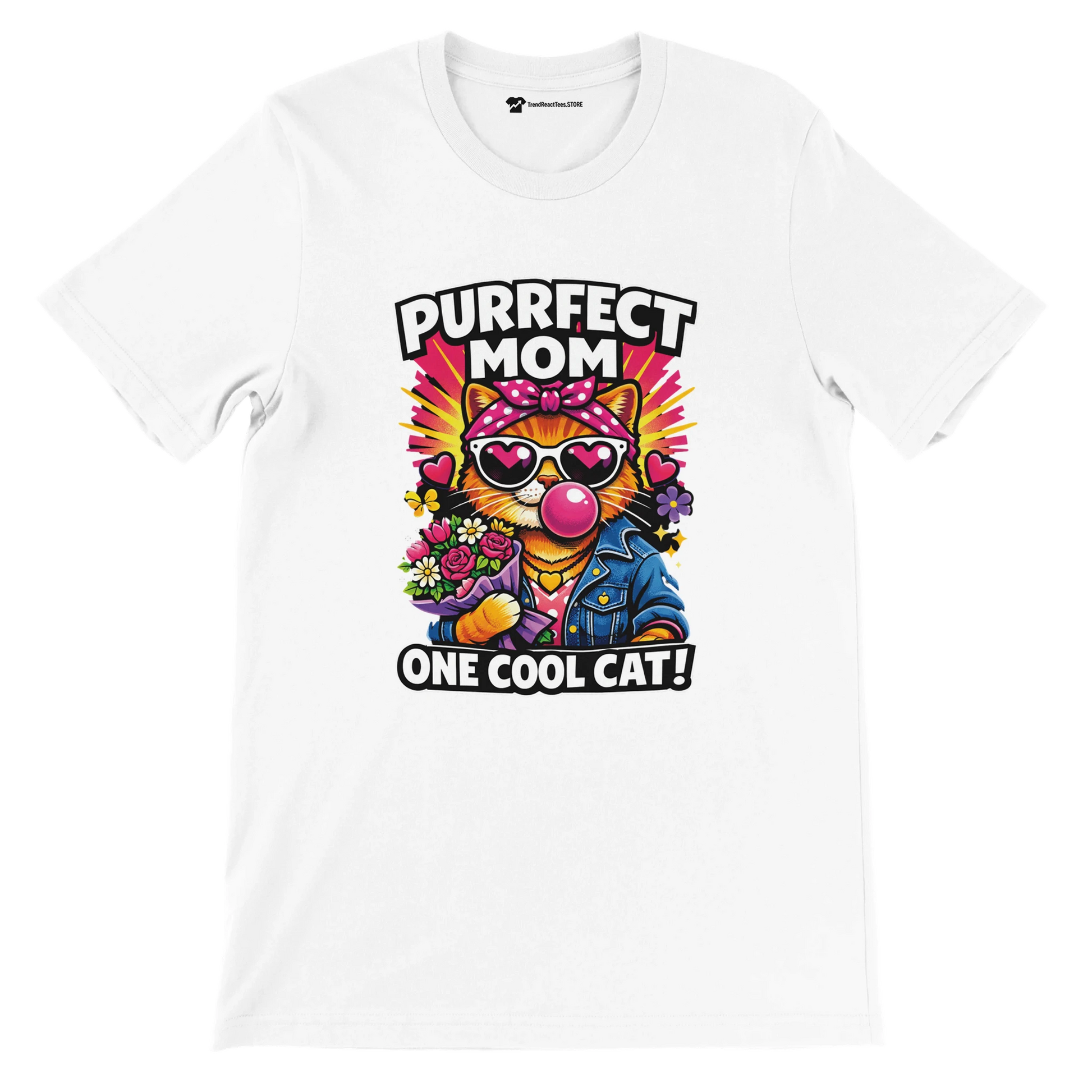 White t-shirt with cartoon cat mom wearing sunglasses, holding flowers, and text 'Purrfect Mom One Cool Cat'
