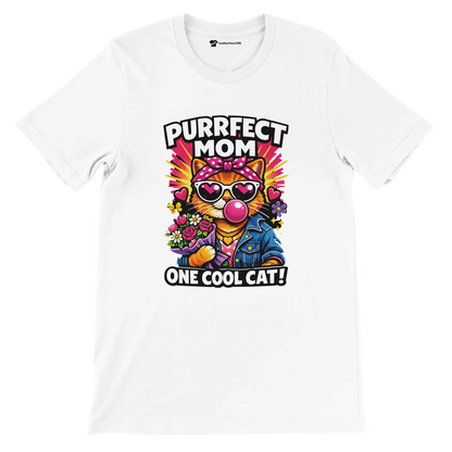 White t-shirt with cartoon cat mom wearing sunglasses, holding flowers, and text 'Purrfect Mom One Cool Cat'