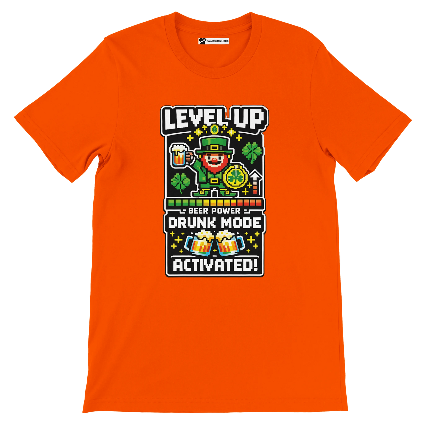 Orange St. Patrick’s Day tee with pixel leprechaun, beer, shamrocks, and 'Level Up Drunk Mode Activated' text