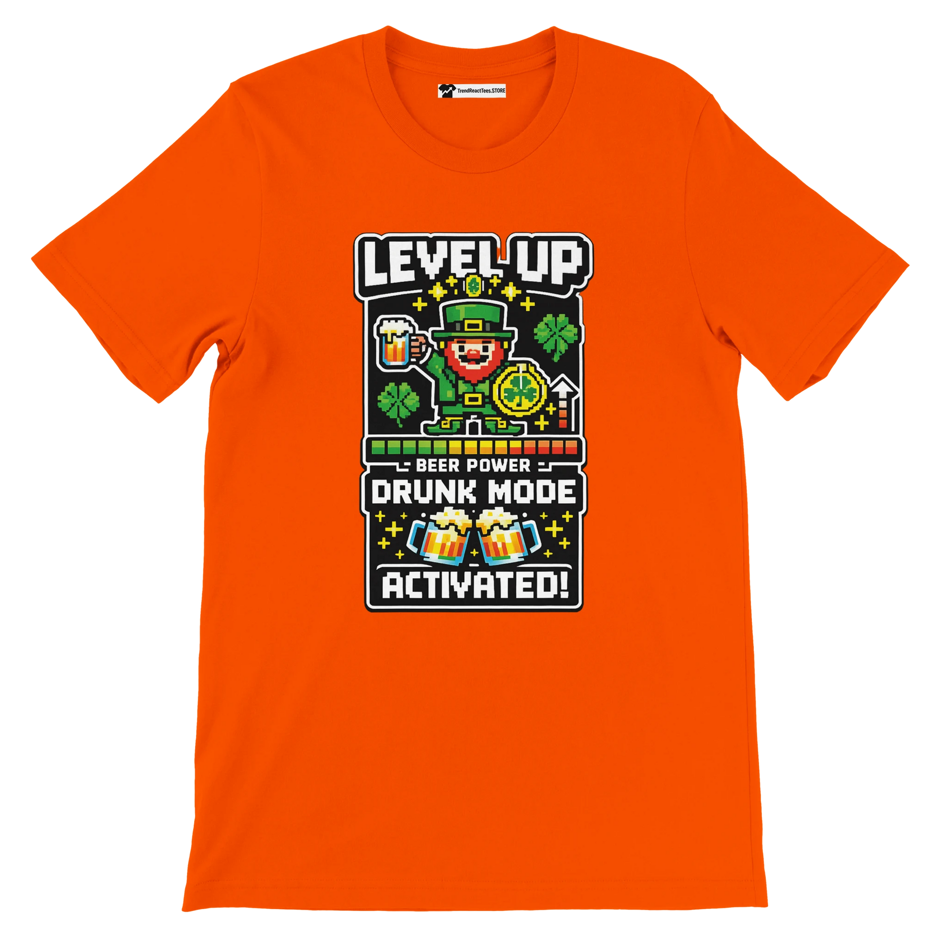 Orange St. Patrick’s Day tee with pixel leprechaun, beer, shamrocks, and 'Level Up Drunk Mode Activated' text