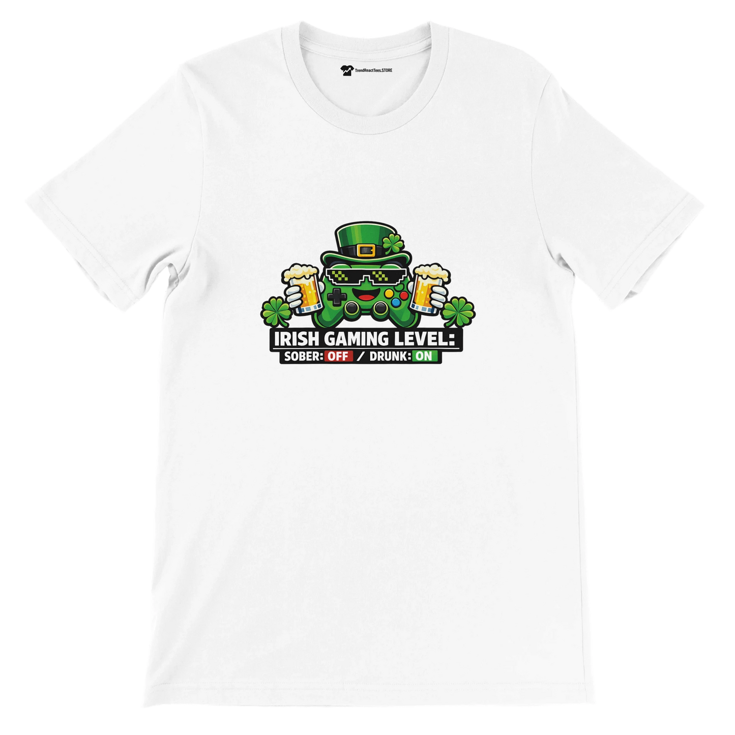 Irish Gaming Level T-Shirt with Controller, Beer, and Shamrocks Design