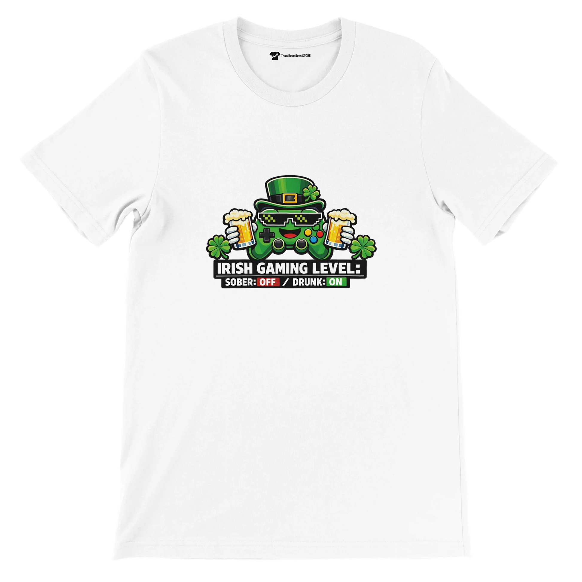Irish Gaming Level T-Shirt with Controller, Beer, and Shamrocks Design