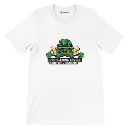 Irish Gaming Level T-Shirt with Controller, Beer, and Shamrocks Design