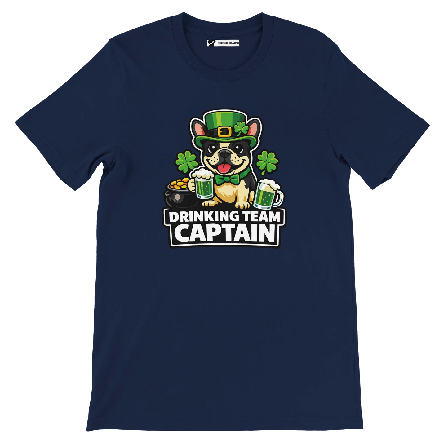 St. Patrick's Day dog tee with 'Drinking Team Captain' text, shamrocks, beer mugs, and pot of gold