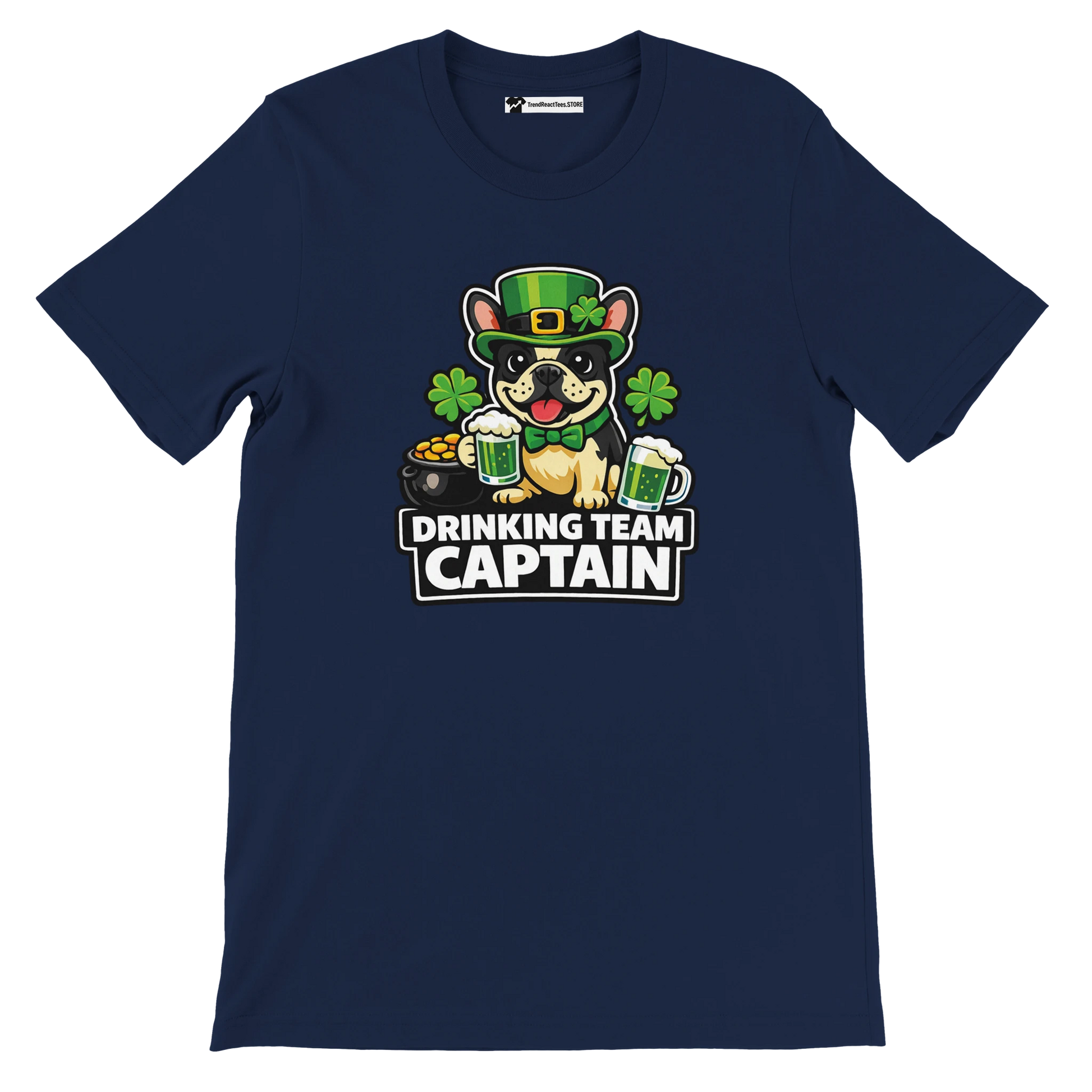 St. Patrick's Day dog tee with 'Drinking Team Captain' text, shamrocks, beer mugs, and pot of gold