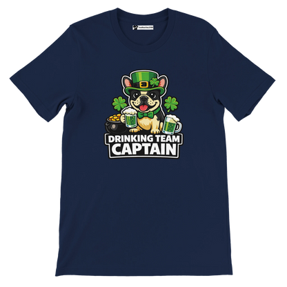 St. Patrick's Day dog tee with 'Drinking Team Captain' text, shamrocks, beer mugs, and pot of gold