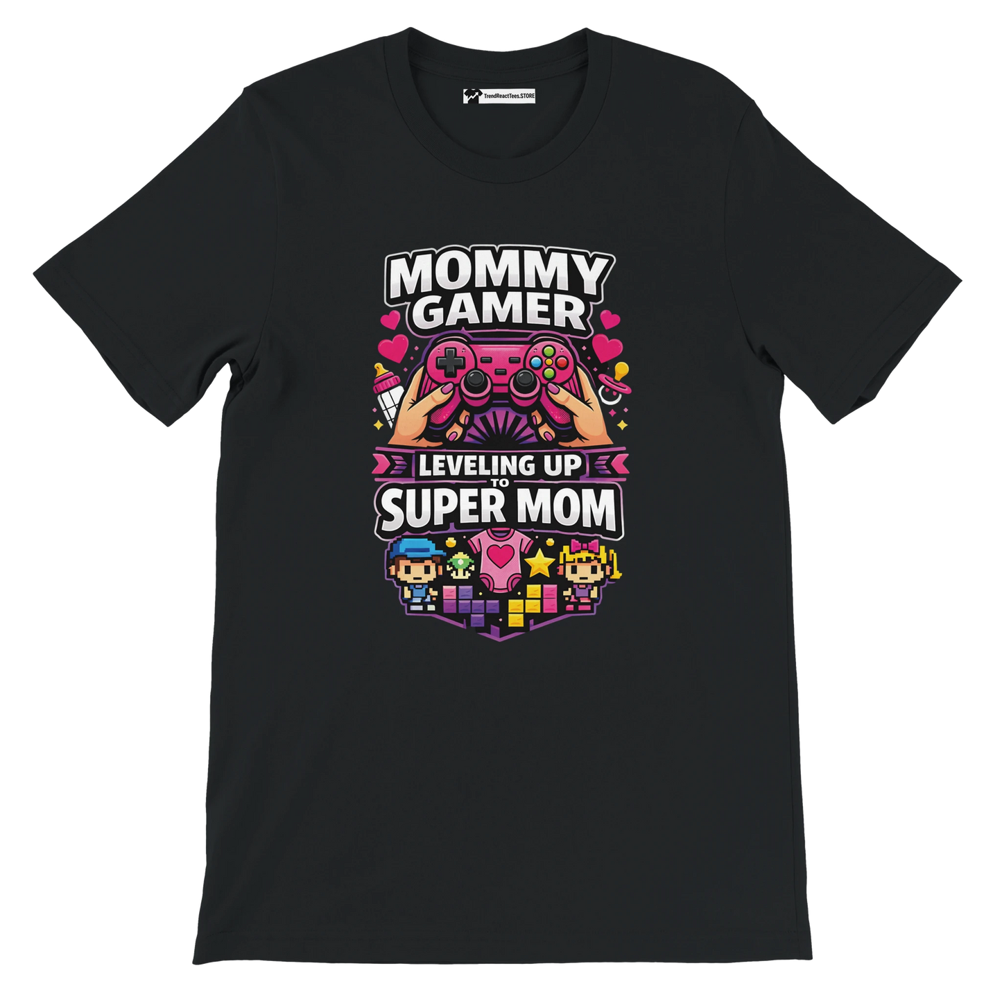 Black anime-inspired tee with 'Mommy Gamer Leveling Up to Super Mom' text, game controller, pixel art.