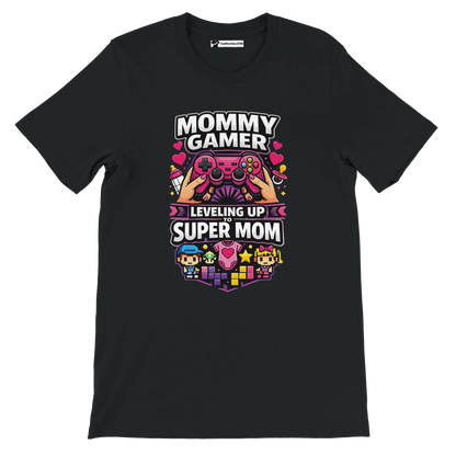 Black anime-inspired tee with 'Mommy Gamer Leveling Up to Super Mom' text, game controller, pixel art.