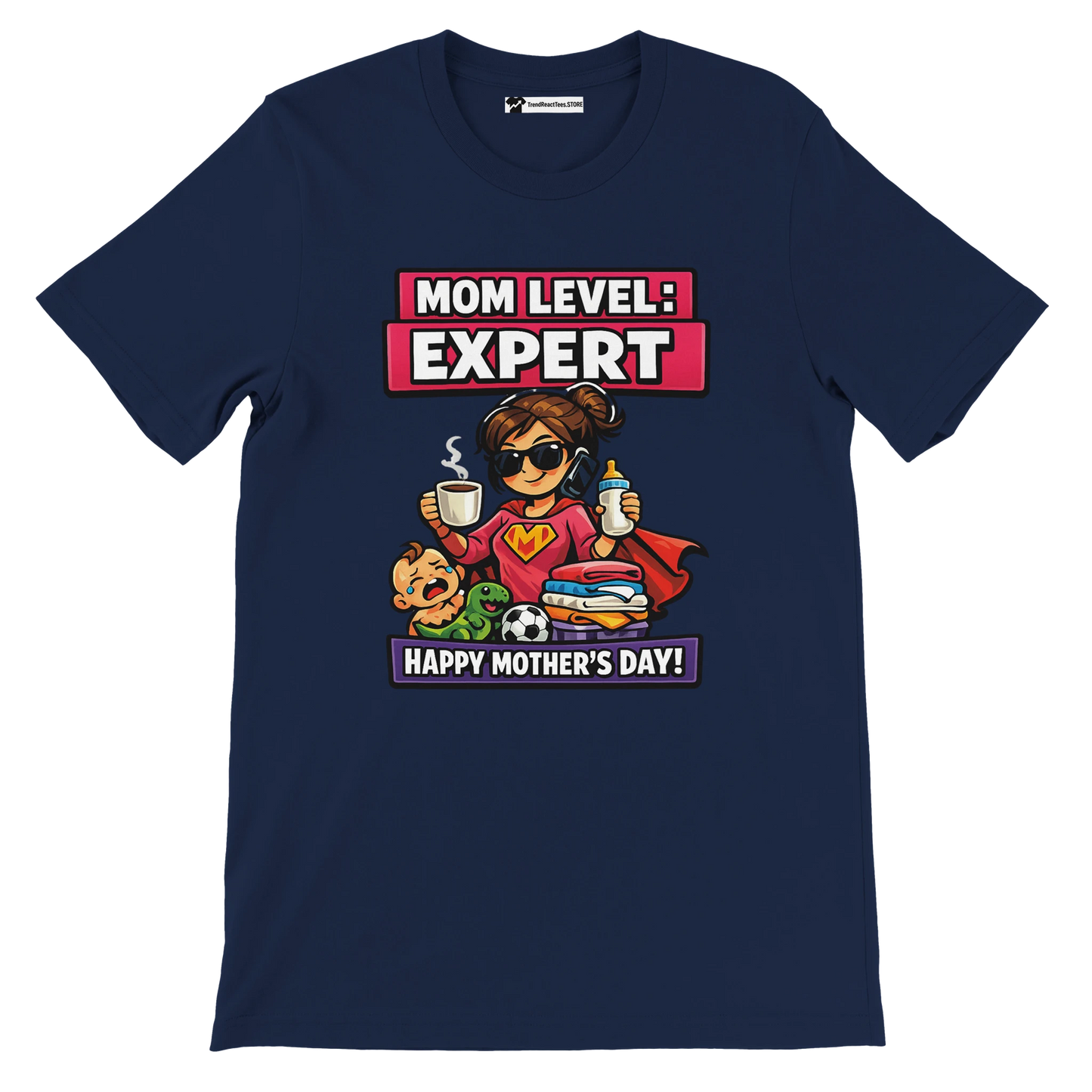 Navy Mother’s Day t-shirt with cartoon supermom, baby, toys, coffee, and text Mom Level: Expert.