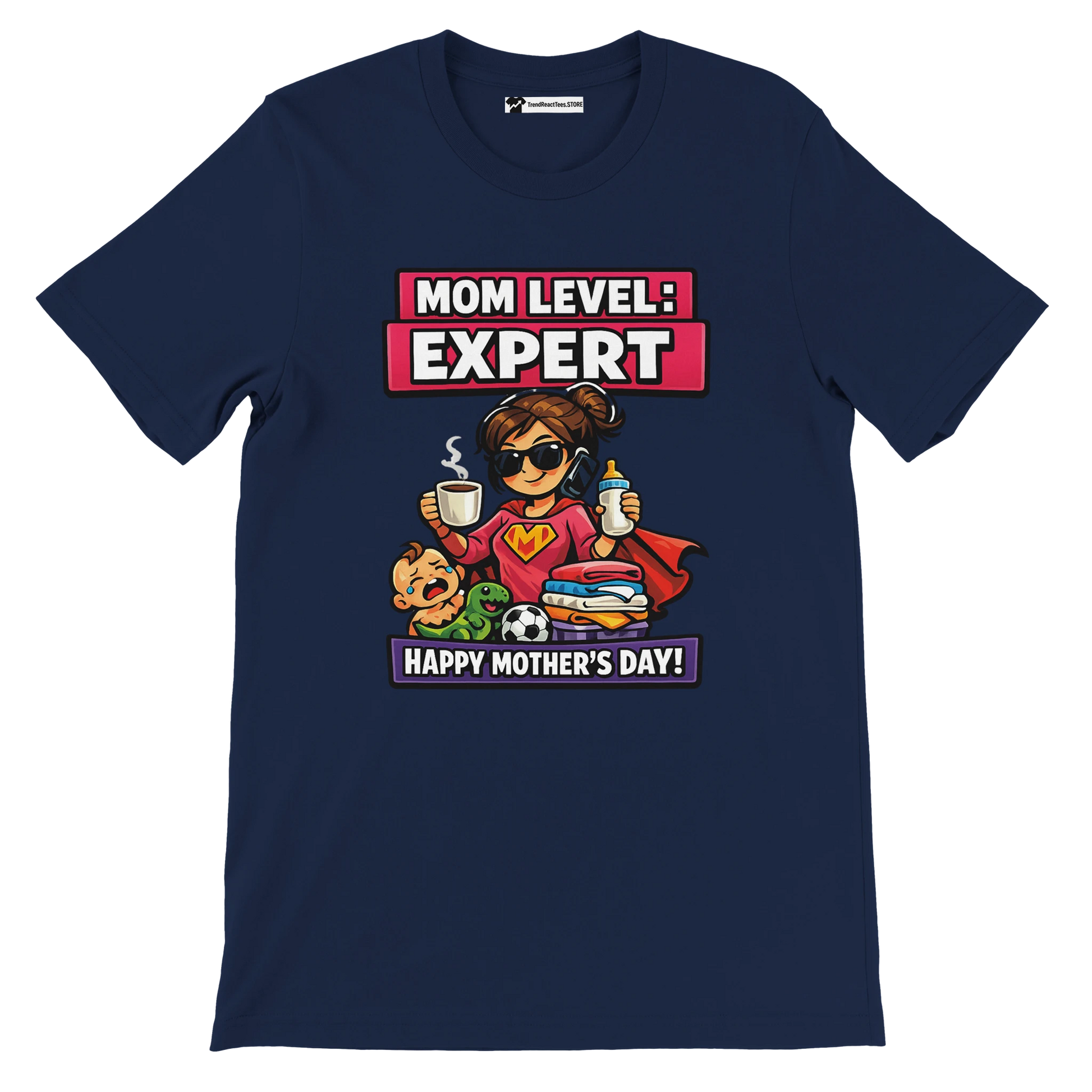 Navy Mother’s Day t-shirt with cartoon supermom, baby, toys, coffee, and text Mom Level: Expert.