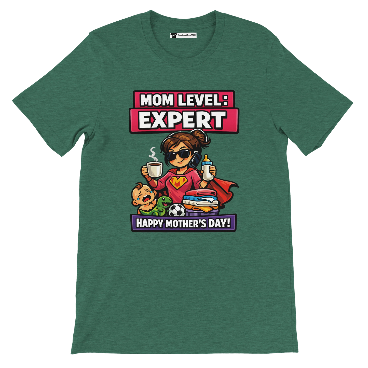 Green tee with cartoon mom superhero, toddler, toys, and text 'Mom Level: Expert. Happy Mother's Day!'