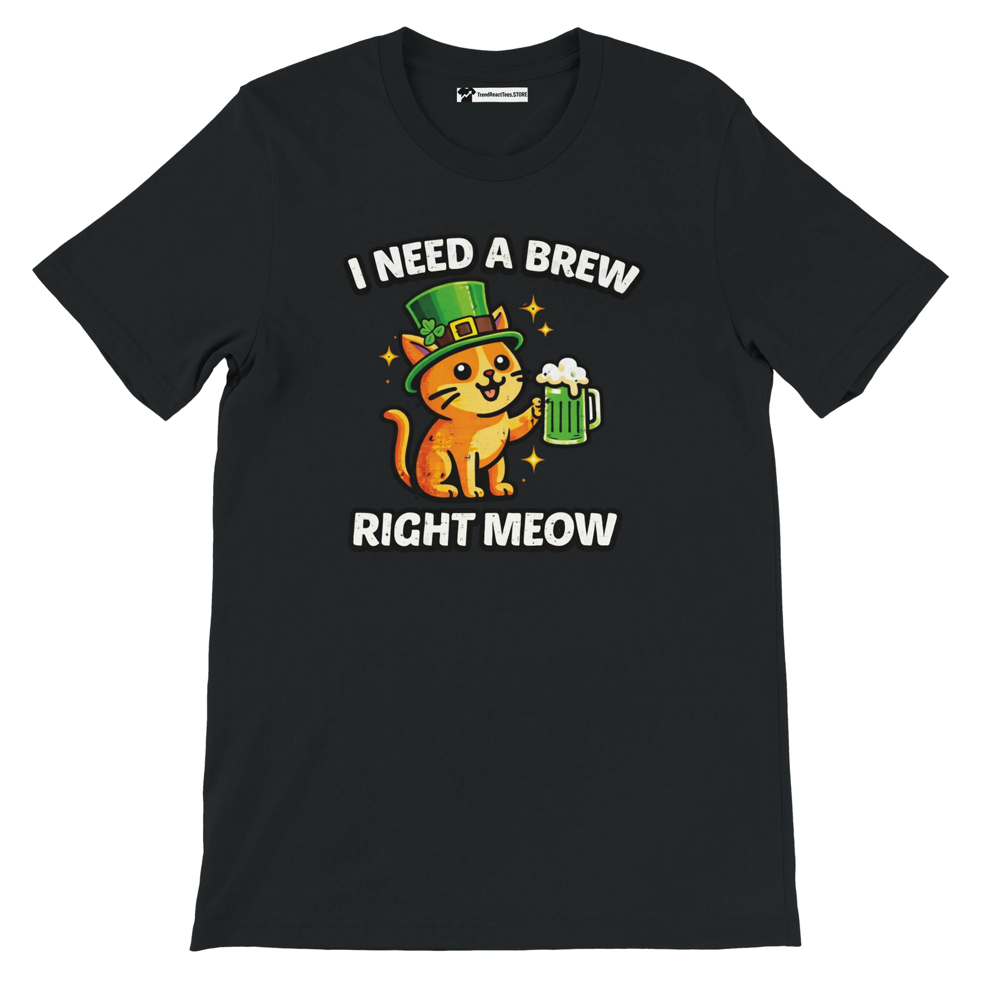 Black t-shirt with cute orange cat in leprechaun hat holding green beer, St. Patrick's Day pun