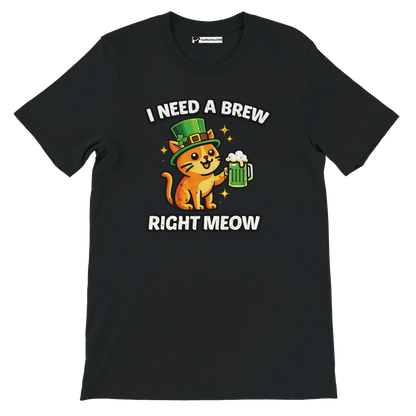 Black t-shirt with cute orange cat in leprechaun hat holding green beer, St. Patrick's Day pun
