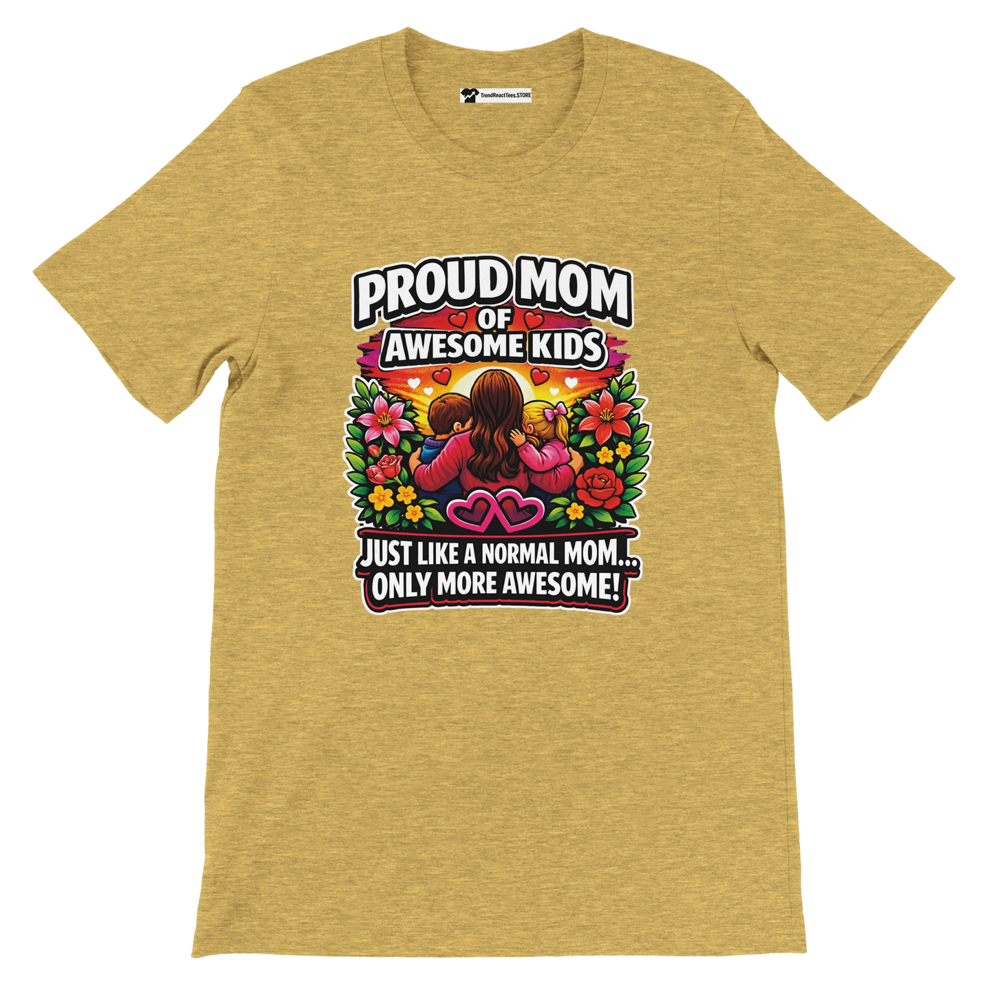 Yellow t-shirt with colorful anime-style mom and kids design, floral accents, and proud mom quote.